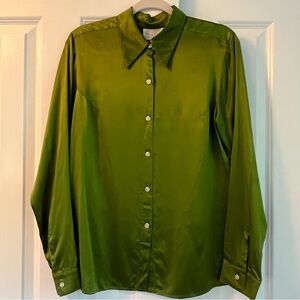 Anne‎ Klein A-Line Silk Blouse Lime Green Button Front Size 10